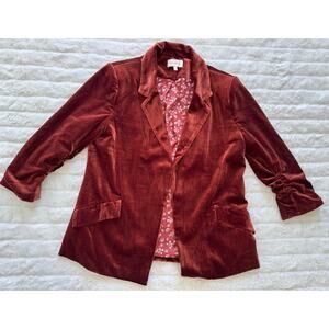 Skies Are Blue Velvet Copper Jacket Ruched Sleeves Collared Pockets Size M